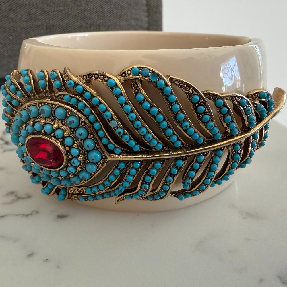 Kenneth Jay Lane Turquoise Feather Statement Cuff – Bold Vintage Glam